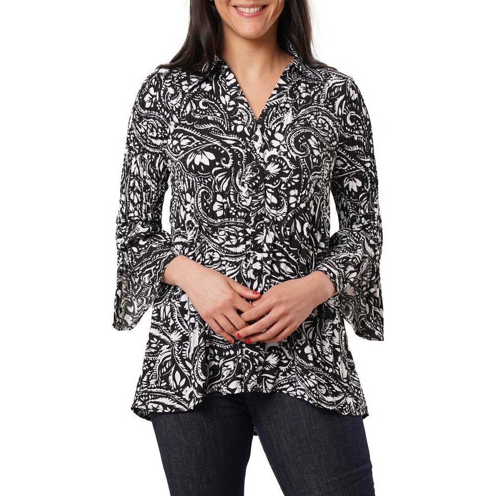Sunny Leigh Black White Paisley Pleated Tunic Blouse Bell Sleeve Womens Medium